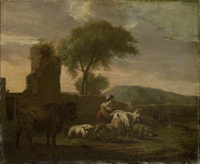 Italiaans landschap met herderin en kuddes door Simon van der Does
