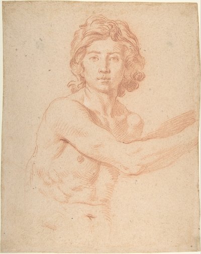 Halffiguur van een jongeman met zijn rechterarm omhoog door Simone Cantarini