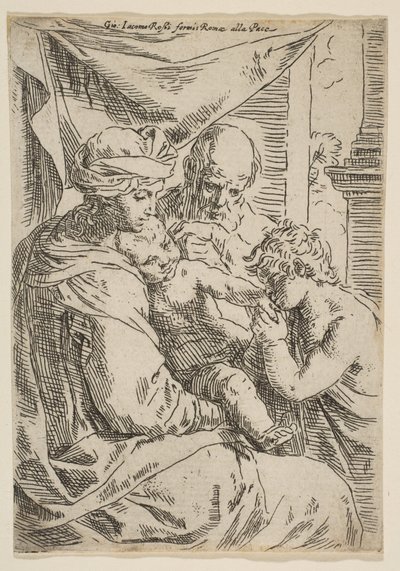 Heilige Familie met Johannes de Doper die de hand van het kind Christus kust, ca. 1642 door Simone Cantarini