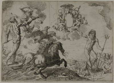 Jupiter, Neptunus en Pluto die hun Kronen aanbieden aan de Wapens van Kardinaal Borghese door Simone Cantarini