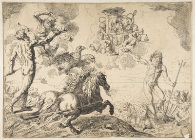Jupiter, Neptunus en Pluto bieden hun kronen aan de wapens van kardinaal Borghese door Simone Cantarini