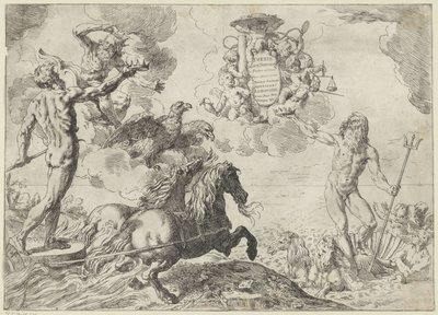 Jupiter, Neptunus en Pluto bieden hun kroon aan het wapen van kardinaal Scipione Borghese aan door Simone Cantarini