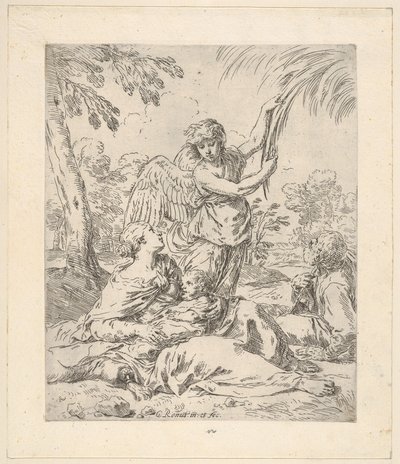 Rust in Egypte, Maria voedt het kind Christus terwijl een engel aan boomtakken trekt, ca. 1630-1648 door Simone Cantarini
