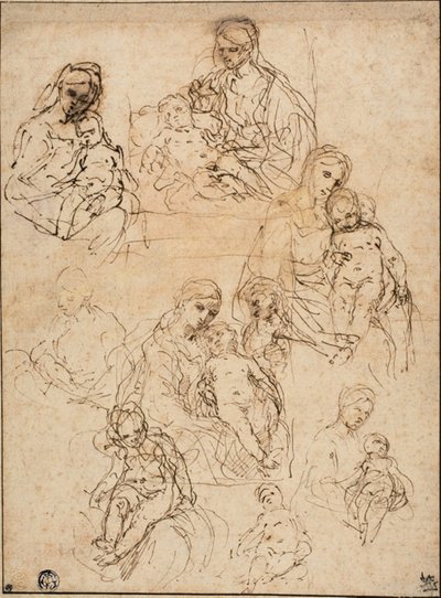 Schetsen van de Maagd en het Kind, en de Heilige Familie door Simone Cantarini