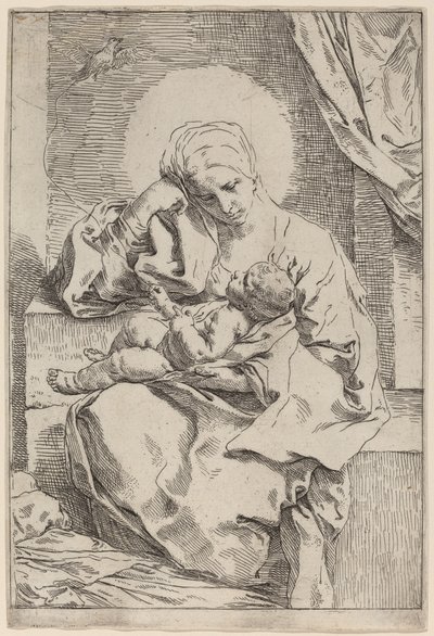 De Maagd en het Kind met een Vogel door Simone Cantarini