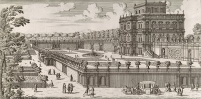Zicht op de zijgevel van het Palazzo Pamphili en zijn tuin, na 1677 door Simone Felice