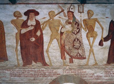 Dood vraagt de kardinaal en bisschop te dansen, detail van De Dans van de Dood door Simone II Baschenis