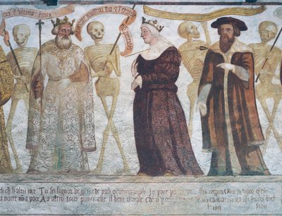 Dood met de koning, de koningin en de dokter (detail) uit De dans van de dood door Simone II Baschenis