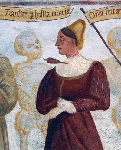 Dood met de jonge vrouw (detail) uit De Dans van de Dood door Simone II Baschenis