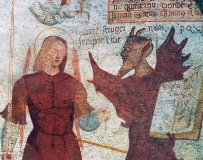 De aartsengel Michaël en de duivel met het boek van de zeven hoofdzonden (detail) door Simone II Baschenis