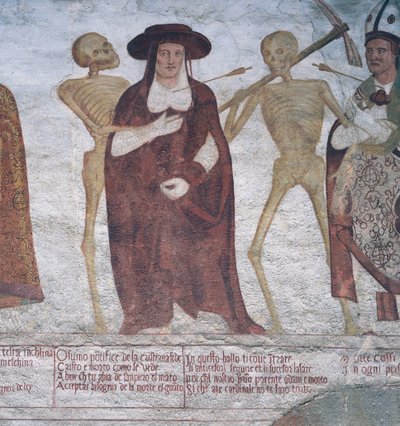 De kardinaal en de dood, detail uit De Dodendans door Simone II Baschenis
