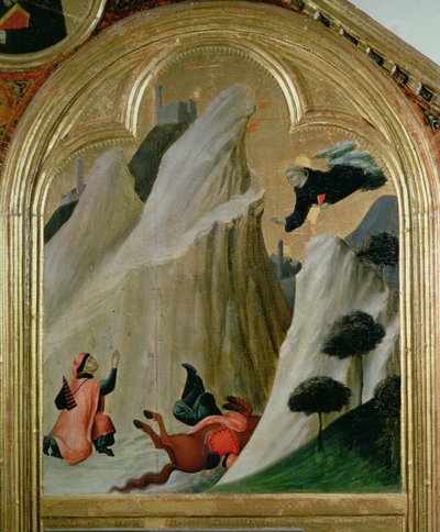 Agostino redt een man die van zijn paard viel, van het altaar van de Zalige Agostino Novello door Simone Martini