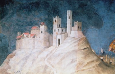 Herdenking van Guidoriccio da Fogliano bij het Beleg van Montemassi, detail van het Fort van Montemassi, uit de Sala del Mappamondo, 1328 door Simone Martini