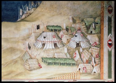 Herdenking van Guidoriccio da Fogliano bij het Beleg van Montemassi, detail van het militaire kamp, uit de Sala del Mappamondo, 1328 door Simone Martini