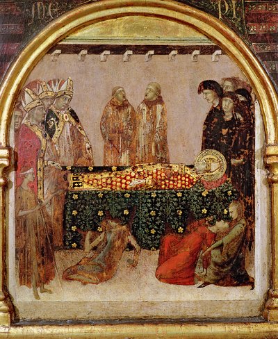 Genezing van de zieken op de dag van de dood van St. Louis van Toulouse (1274-97) predella paneel van het Altaar van St. Louis van Toulouse, 1317 door Simone Martini