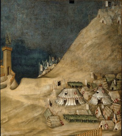 Detail van het militaire kamp achter Guido Riccio da Fogliano, tijdens de verovering van het kasteel van Montemassi in 1328 door Simone Martini