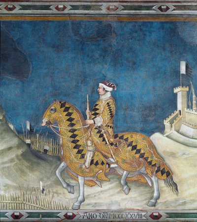 Guidoriccio da Fogliano. Guido Riccio da Fogliano (overleden 1352), commandant (condottiero) van het leger van Siena, tijdens de verovering van het kasteel van Montemassi in Maremma in 1328. Fresco door Simone Martini (1284-1344) door Simone Martini