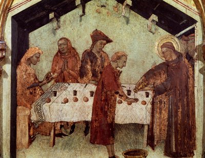 Louis bedient de monniken aan tafel, detail uit het Leven van Louis van Toulouse, van de predella van Saint Louis Bisschop van Toulouse die zijn broer Robert van Anjou, Koning van Napels, kroont door Simone Martini