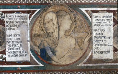 Maesta: Tweegezichtenfiguur die Oude Wet en Nieuwe Wet voorstelt (detail) door Simone Martini