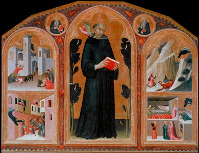 De Italiaanse monnik Agostino Novello en de weergave van vier van zijn wonderen door Simone Martini
