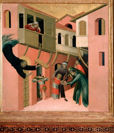 De Italiaanse monnik Agostino Novello en de weergave van vier van zijn wonderen door Simone Martini