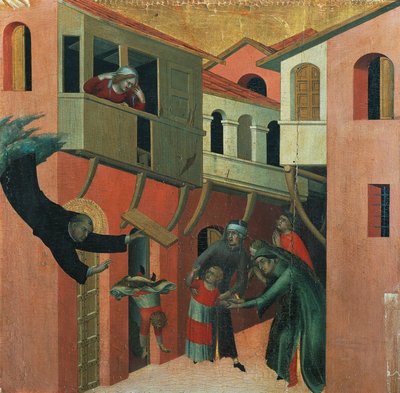 Het wonder van de baby die van het balkon viel, detail van het altaarstuk getiteld Zalige Agostino Novello en verhalen uit zijn leven, ca. 1330, door Simone Martini door Simone Martini