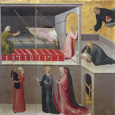 Het wonder van het kind dat uit zijn wieg valt: de drie vrouwen die onderaan de scène praten door Simone Martini