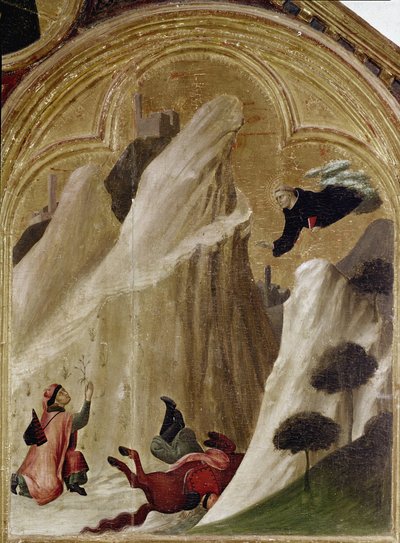 Het wonder van de ridder die van de klif valt en in leven blijft. Deel van het drieluik Geschiedenis van de kluizenaar van Sint Augustinus door Simone Martini