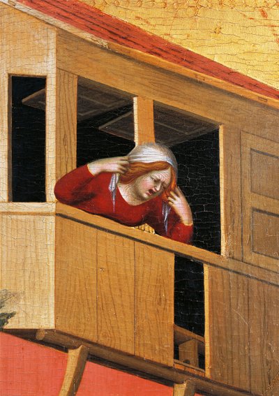 Vrouw leunend over balkon (detail) door Simone Martini