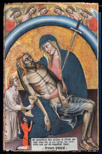 Rouw over de dode Christus met de opdrachtgever, Iohannes de Elthinl, door Simone dei Crocifissi, c. 1368. De Maagd wordt voorgesteld als Onze-Lieve-Vrouw van Smarten, met een zwaard in haar hart. door Simone dei Crocifissi