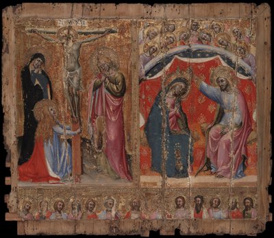 Klein altaarstuk met de kruisiging, de kroning van de Maagd Maria en Christus en de apostelen door Simone dei Crocifissi