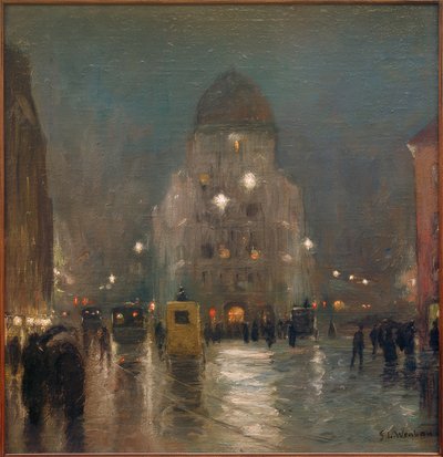Uitzicht op de Stachus in München op een mistige winteravond door Sion Longley Wenban