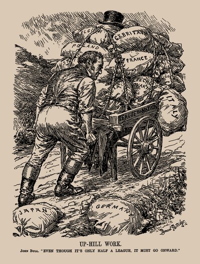 Zwaar Werk. John Bull. Zelfs al is het maar een halve liga, het moet doorgaan, 1935 door Sir Bernard Partridge