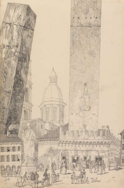 Album van 30 Zichten in de Tirol en Italië: Scheve Torens, Standbeeld van St. Franciscus, Bologna 12 Nov. 1840 door Sir Charles D