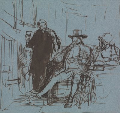 Kapitein Locker zittend aan een tafel met zijn dochter; een butler staat naast hem door Sir David Wilkie