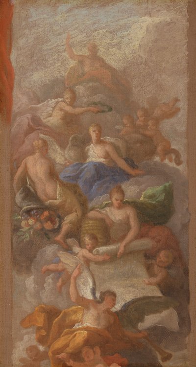 Een schets van dankbaarheid gekroond door vrede, met andere allegorische figuren van industrie, roem en overvloed door Sir James Thornhill