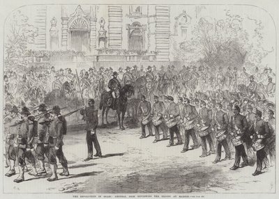 De revolutie in Spanje, generaal Prim inspecteert de troepen in Madrid door Sir John Charles Robinson