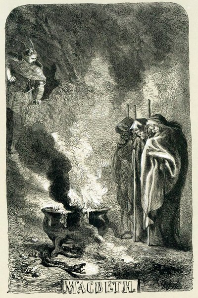 Macbeth bezoekt de drie heksen op de verwoeste heide, 1858 door Sir John Gilbert