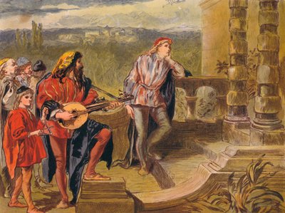 De muzikant zingt in De twee edellieden van Verona: Act IV Scene II, ca. 1875 door Sir John Gilbert