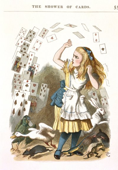 De regen van kaarten. Illustratie voor Alice in Wonderland door L. Carroll door Sir John Tenniel