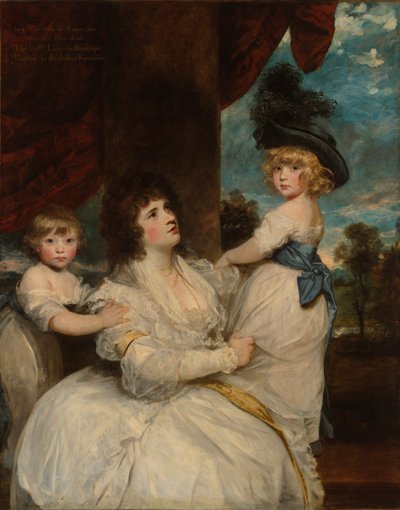 Portret van Jane, gravin van Harrington, met haar zonen, de burggraaf Petersham en de eerwaarde Lincoln Stanhope door Sir Joshua Reynolds