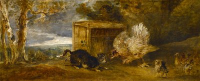 Een Hen die Haar Kuikens Verdedigt tegen de Aanval van een Kat door Sir Peter Francis Bourgeois