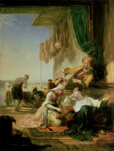 Lord Byron rust uit in het huis van een visser na het zwemmen van de Hellespont door Sir William Allan