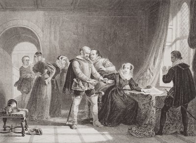 Mary Queen of Scots (1542-87) gedwongen haar troonsafstand te ondertekenen in Lochleven Castle in 1567, uit 