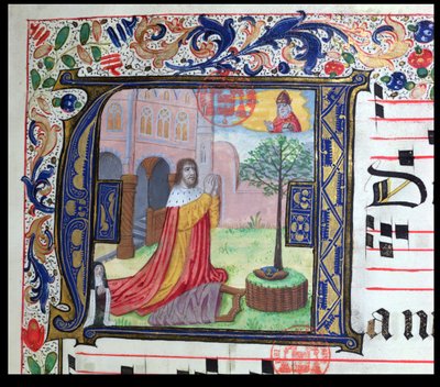 Ms 432 Geïllustreerde initiaal A, uit een temporale gebruikt door de Zusters van de Congregatie van de Karmelieten van Brugge, geschreven door Zuster Margarita Bruynewe, 1505 (detail) door Sister Cornelia Wulfekkercke
