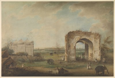 Uitzicht op een Moskee en Poort bij Motijhil, ca. 1814-23 door Sita Ram (attr. to)