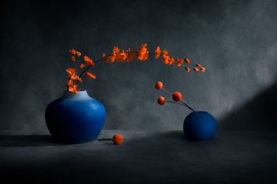 Blauwe vazen met oranje bloemen door Siyu_Wei APA