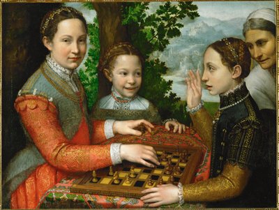 Een schaakspel met de drie zussen van de schilder en een bediende door Sofonisba Anguissola