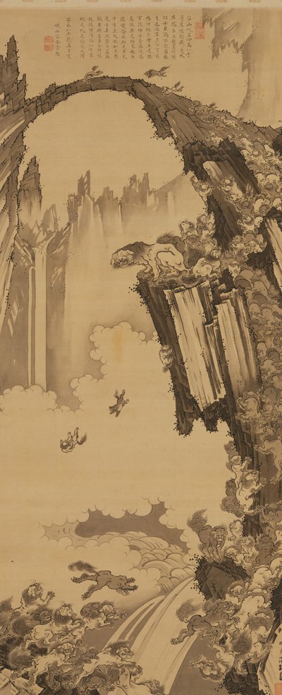 Leeuwen bij de stenen brug van de berg Tiantai door Soga Shohaku