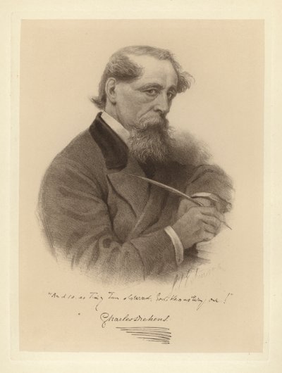 Portret van Charles Dickens met zijn pen door Solomon (after) Eytinge